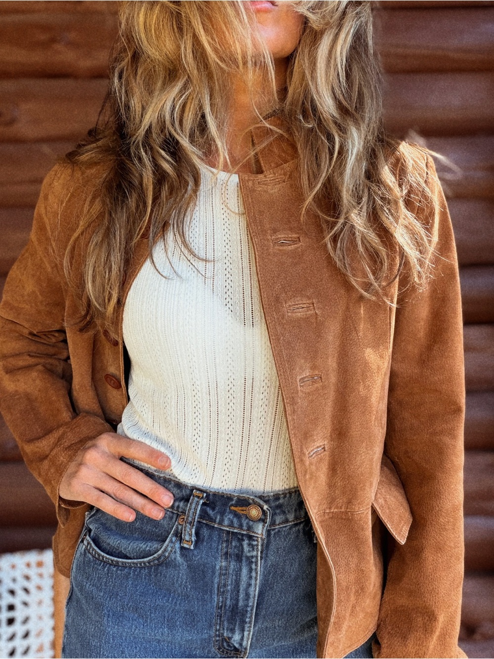 VINTAGE Suede Leather Brown Suede Button-Up Jacket - M/L